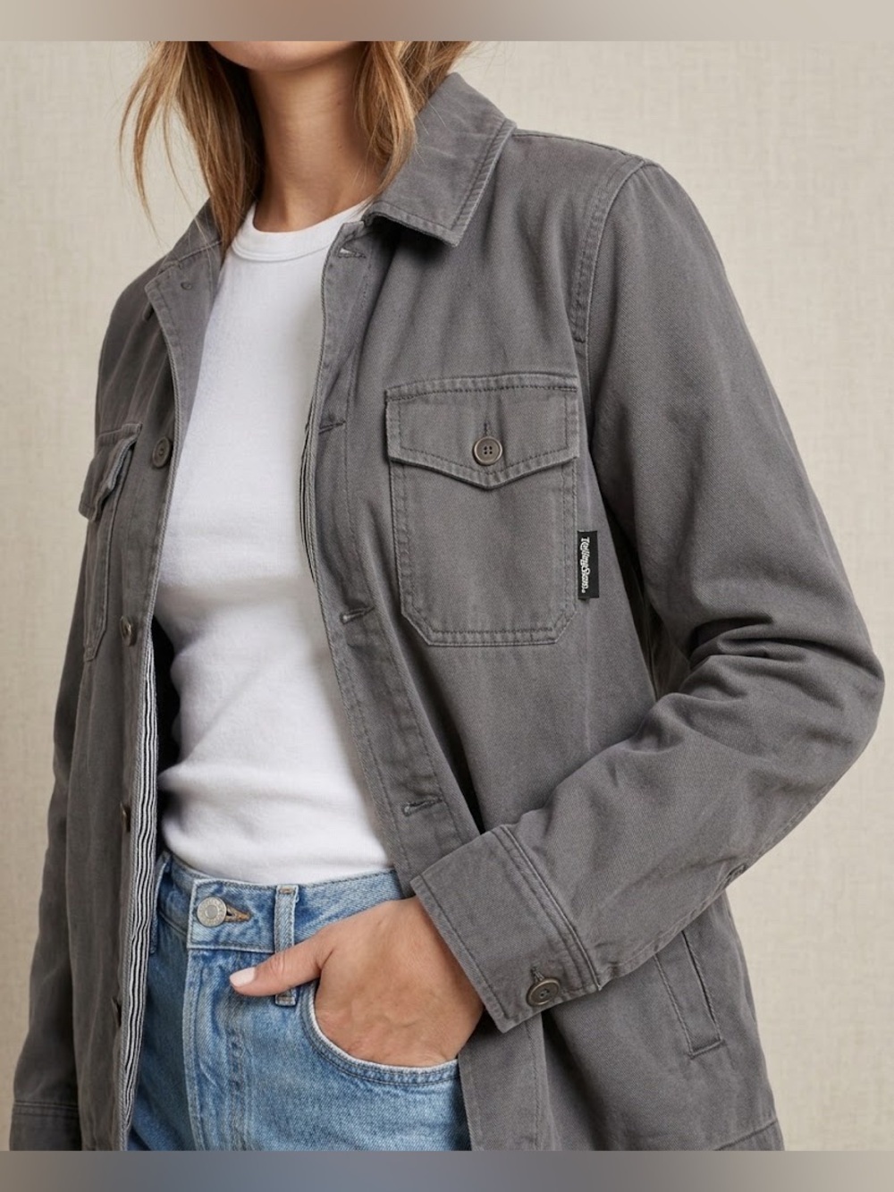 Rolling Stone Gray Twill Shirt Jacket Shacket Utility Women's Small Faded Wash